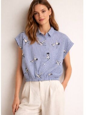 ZARA Basic Stripe Crane Print Button-Up Short Sleeve Blouse Size M